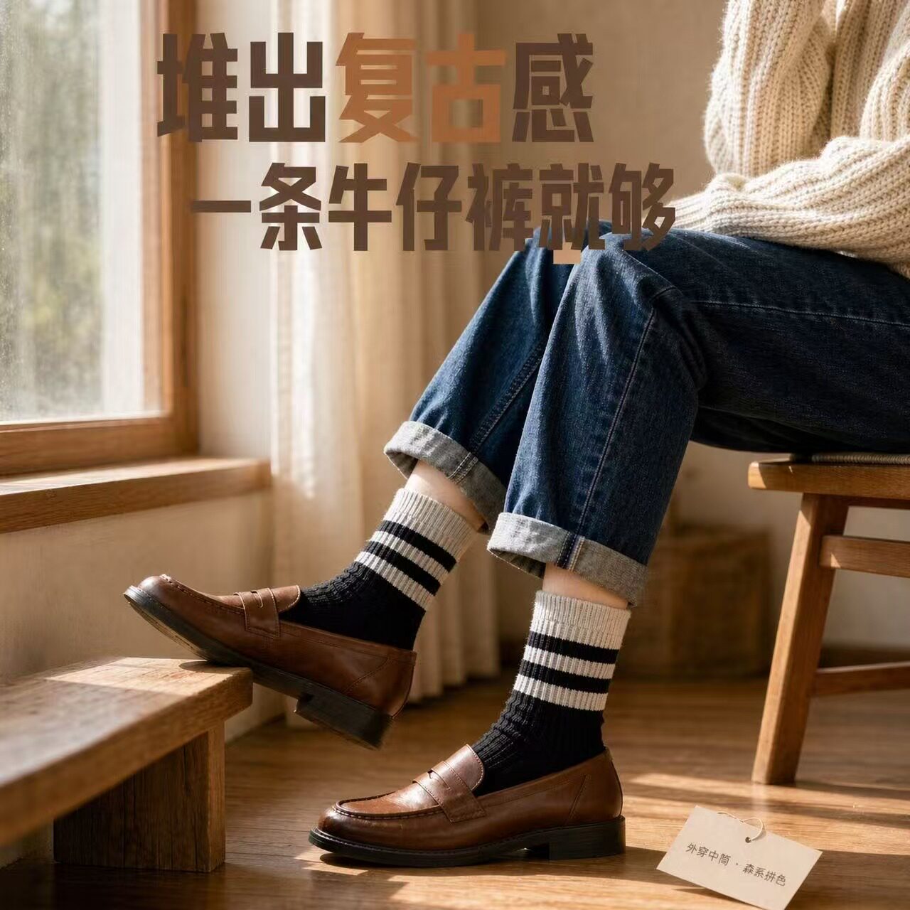 复古条纹中筒袜女秋冬大地色双针罗纹袜配勃肯鞋阔腿裤学院堆堆袜