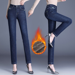 娅丽达加绒牛仔裤女2023冬季新款高腰加厚一体绒修身小直筒牛仔裤
