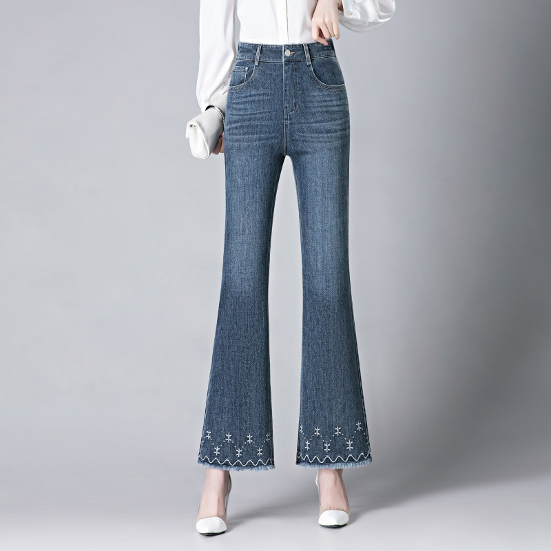 梦舒雅时尚复古高腰九分微喇牛仔裤2026新款小个子刺绣花边喇叭裤