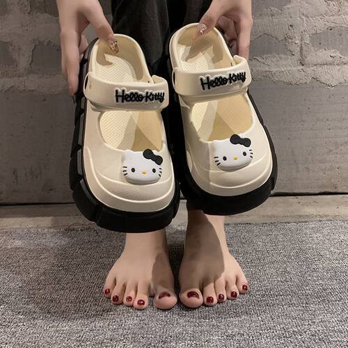 日本SHORPE可爱kitty洞洞鞋女夏季外穿增高厚底踩屎感包头半拖凉