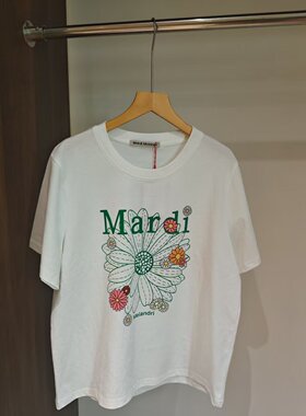 2026年夏季小雏菊印花圆领短袖T恤女白色宽松慵懒风上衣