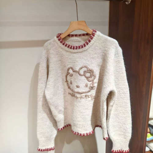 可爱风撞色边Hello Kitty卡通针织衫女长袖宽松毛衣