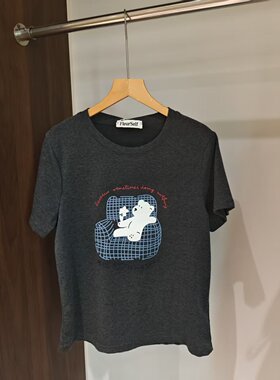 卡通印花短袖T恤女深灰色圆领纯棉百搭显瘦上衣