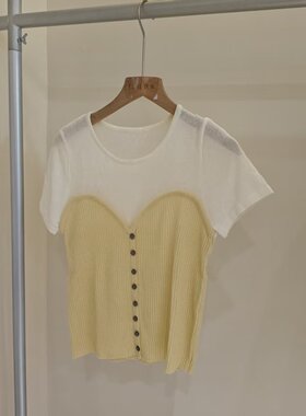 2026夏季设计感假两件撞色拼接短袖针织衫女夏纽扣显瘦上衣