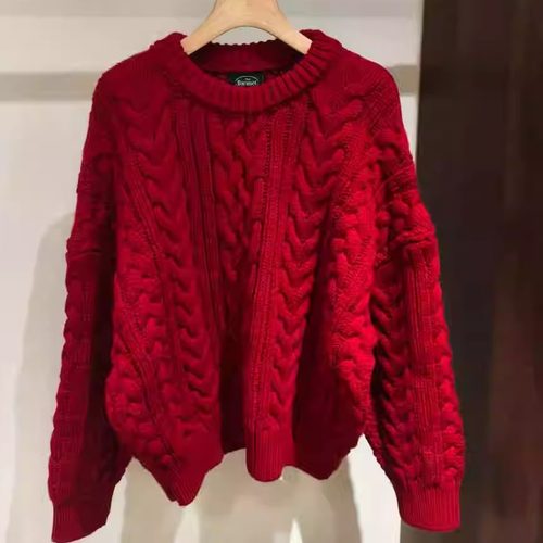 韩系复古红色麻花编织圆领针织毛衣女宽松慵懒风质感毛衣