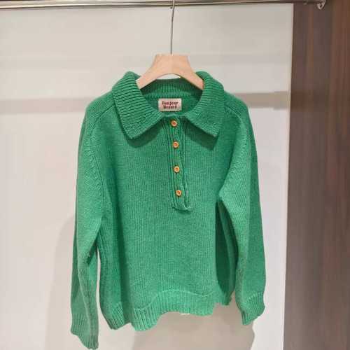 韩系polo领针织衫女绿色四粒扣显白显瘦温柔毛衣上衣