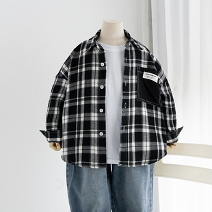 百搭款儿童黑白格子衬衫男童春秋款纯棉上衣洋气宽松中小童秋装潮
