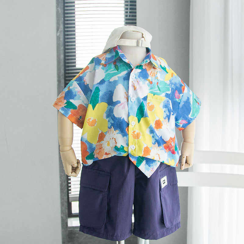 儿童衬衫男童短袖衬衣中小童洋气宽松纯棉上衣夏季薄款碎花衬衫潮