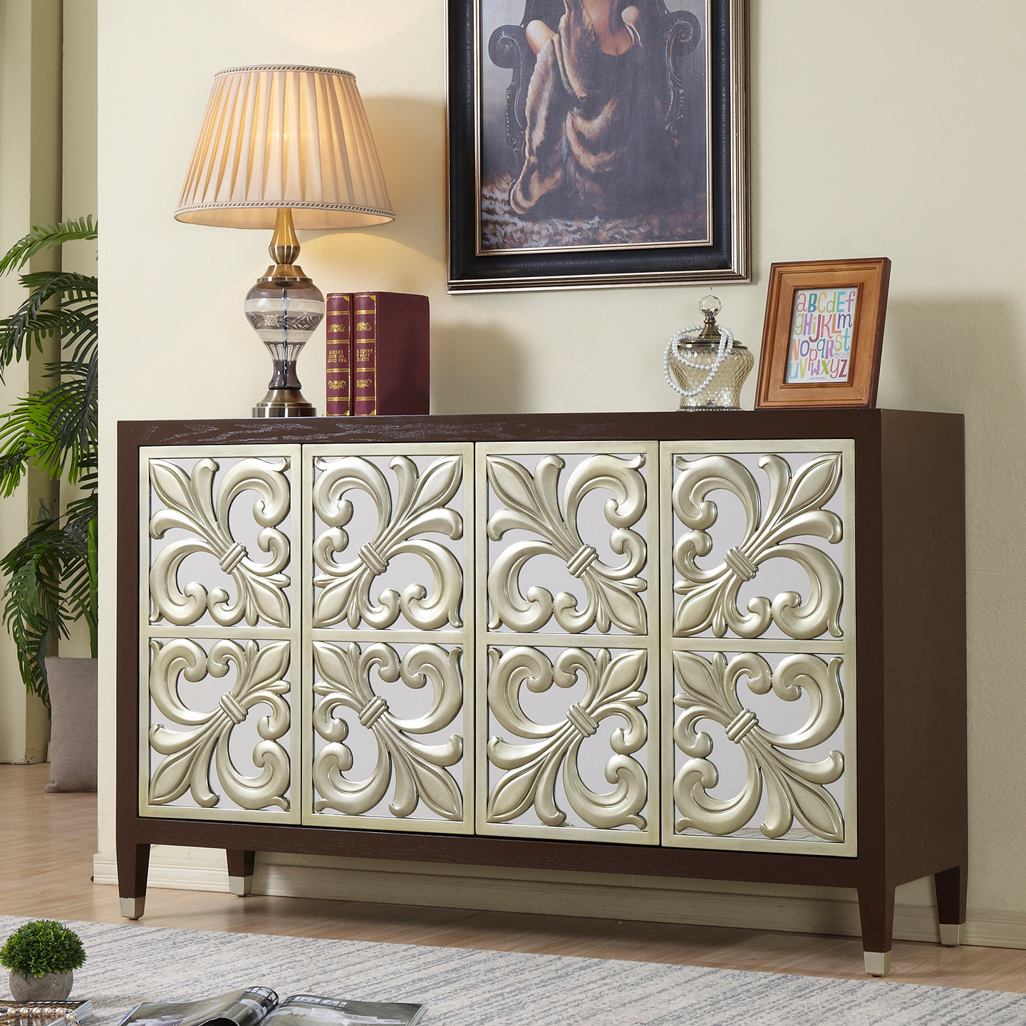 雕花客厅实木玄关柜欧式美式门厅隔断柜鞋柜新古典餐边柜镜面矮柜