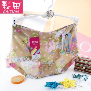 彩田中高腰冰丝内裤女轻薄柔滑舒适田园印花棉裆平角女士大码内裤