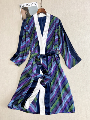 时尚条纹真丝丝绸中长款睡袍浴袍