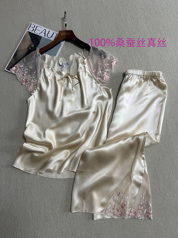 100%桑蚕丝睡衣套装减龄款真丝缎面丝绸两件套刺绣蕾丝边舒适家居