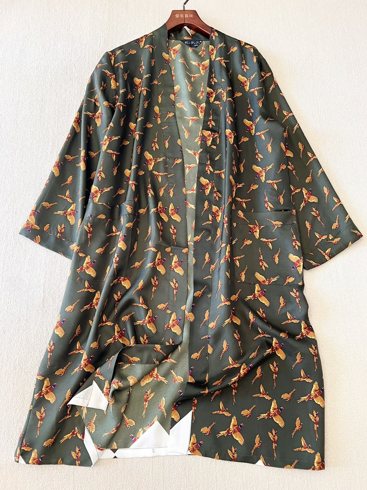 100%真丝中长款睡袍浴袍桑蚕丝斜纹绸系带空调服宽松休闲家居服