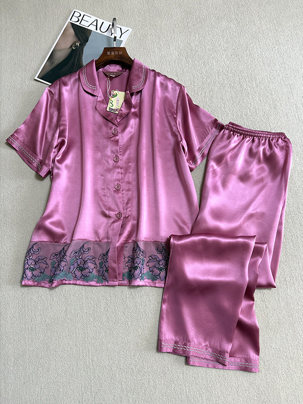 100%桑蚕丝短袖长裤睡衣真丝缎面丝绸女夏季舒适透气家居服两件套