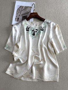 重瑕疵款 上衣真丝缎面丝绸内搭女衬衣 纯手工彩绣100%桑蚕丝短袖