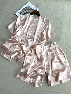 女家居服 短裤 高端100%重磅桑蚕丝睡衣套装 休闲真丝缎面丝绸短袖