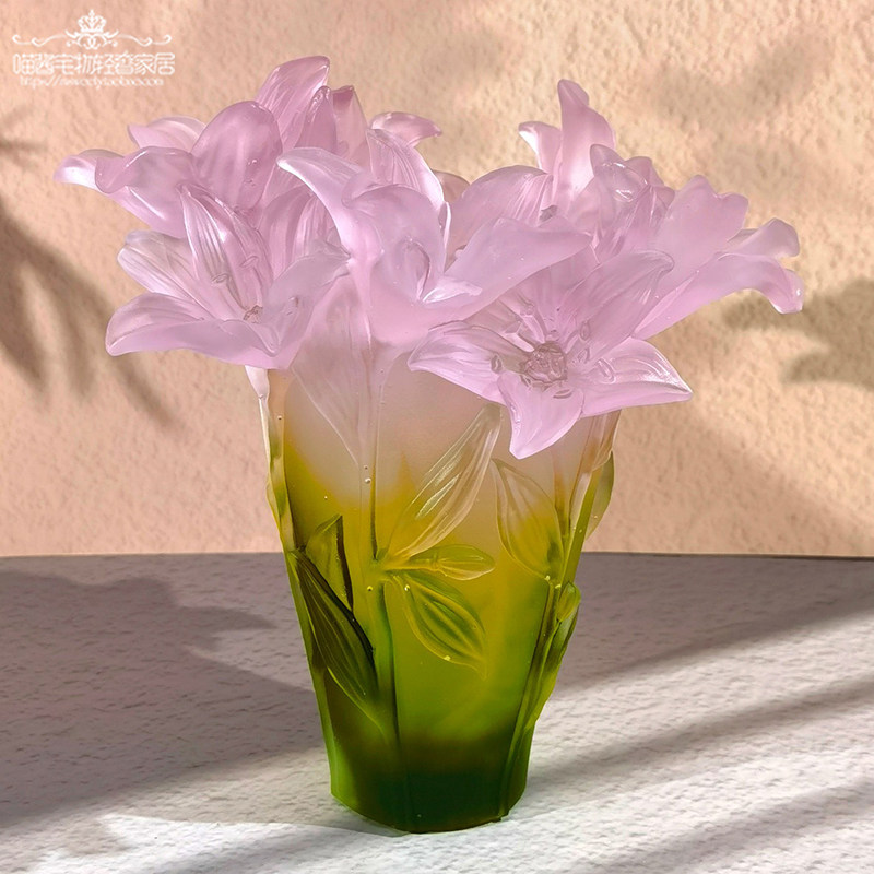 高奢百合花琉璃手工浮雕脱蜡水晶花瓶高档别墅酒店乔迁家居摆件