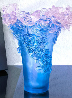 高奢蓝色琉璃浮雕脱蜡水晶花瓶