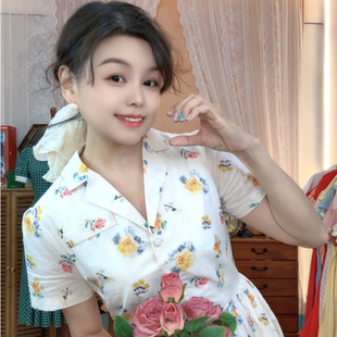 [恬静]法式复古碎花连衣裙女夏季翻领衬衫款收腰显瘦棉大摆长裙