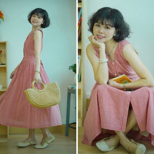 （红小格）法式复古文艺风红色格子中长款连衣裙秋装新款背心长裙