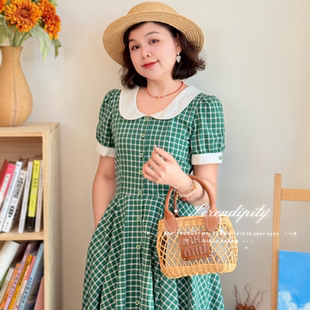 （梦幻之约）法式复古娃娃领收腰显瘦格子夏季连衣裙女中长款小清