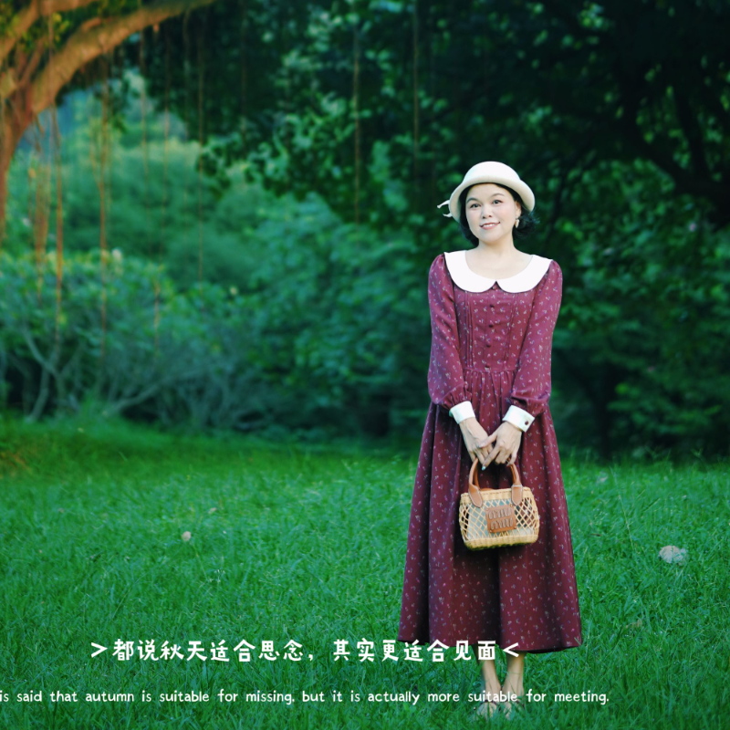 （梅紫）法式复古文艺风娃娃领碎花连衣裙收腰显瘦气质优雅长袖