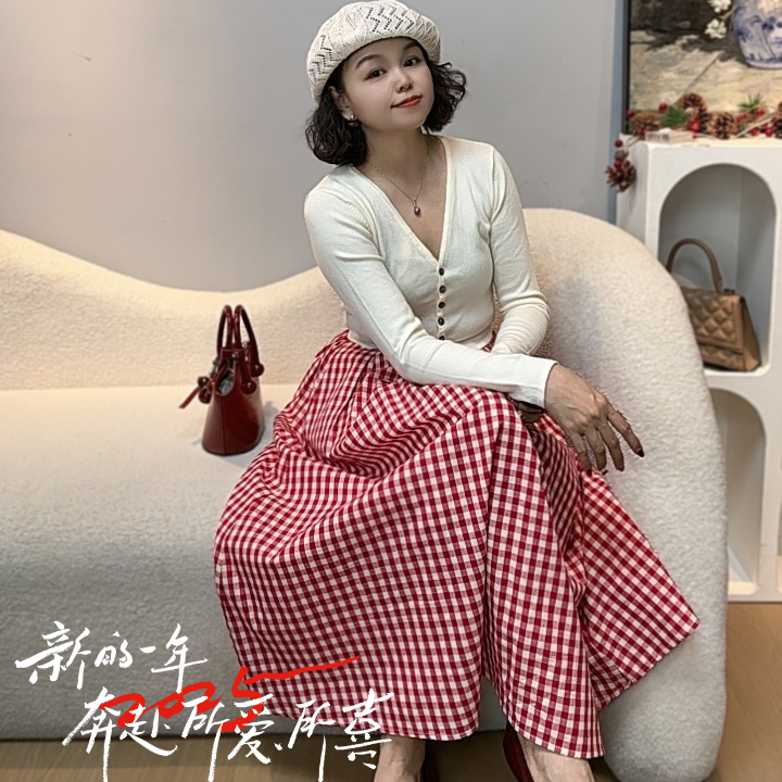 法式复古文艺风春夏时尚格子高腰显瘦半身裙百搭别致伞裙