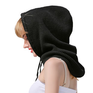 羊绒毛线帽子围脖一体女秋冬季加厚针织韩版保暖连帽围巾大假帽子