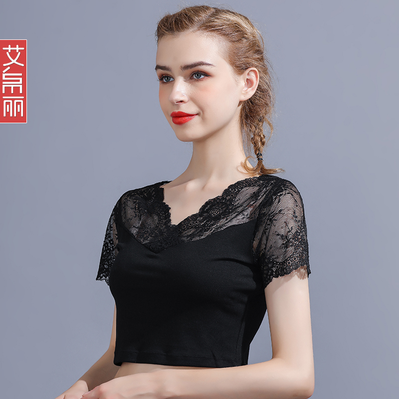 2023春夏新款半截打底衫女短袖薄款纱衣短款蕾丝V领低领内搭小衫