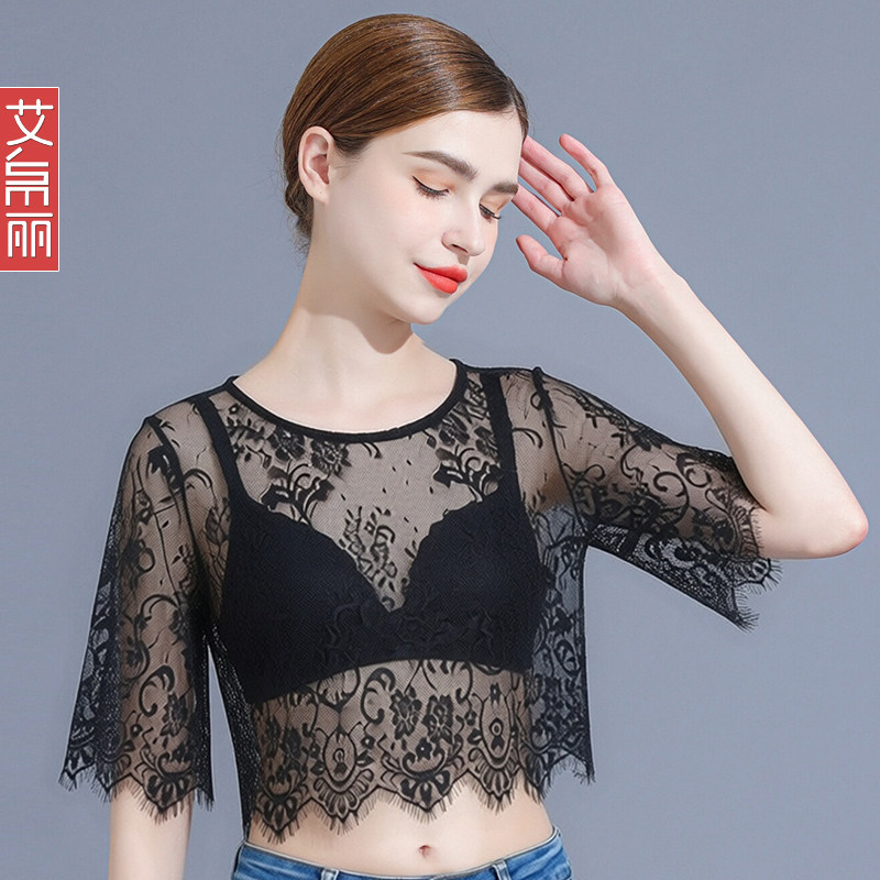 蕾丝衫睫毛蕾丝中袖T恤女图片