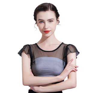 半截黑色打底透薄款体恤短袖上衣修身内搭打底衫短款纱衣网纱上衣