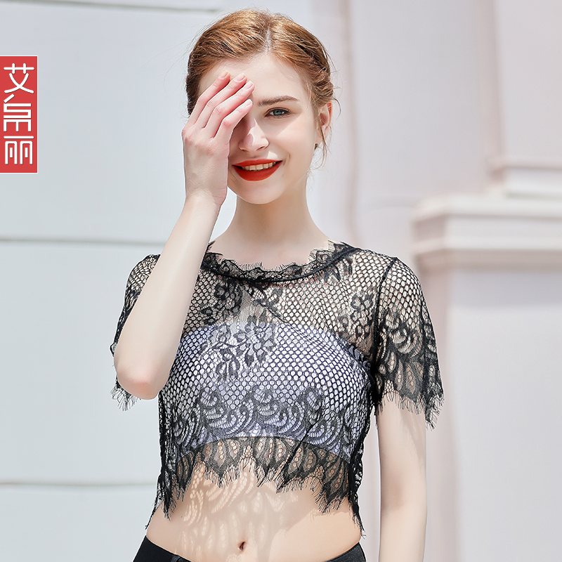 半截网纱打底衫女短袖夏季紧身内搭白色t恤蕾丝配裙子的上衣薄款