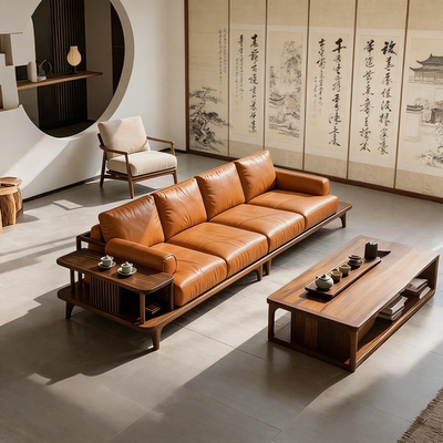 新中式黑胡桃木沙发客厅真皮沙发新款小户型现代简约实木直排沙发