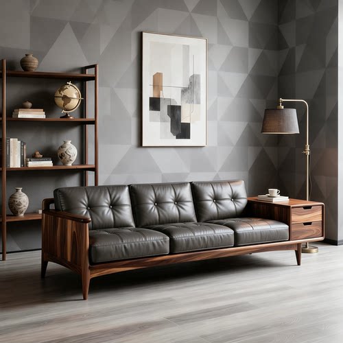 新中式实木沙发高端胡桃木简约客厅小户型直排三人位皮艺沙发新款