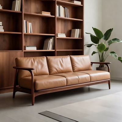 新中式实木沙发黑胡桃木现代简约小户型客厅真皮直排办公室定制