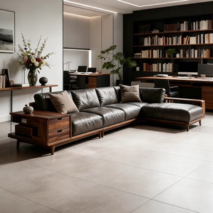 现代简约皮艺转角沙发黑胡桃木储物实木沙发客厅新中式接待家具