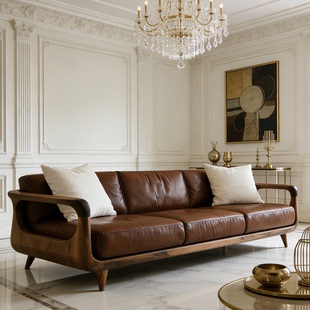 新中式实木沙发客厅小户型直排三四人位简约高端黑胡桃木真皮沙发