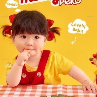 牛仔背带短裤裤夏薄款男女儿童红色摄影服装艺术文艺幼儿弹力可爱
