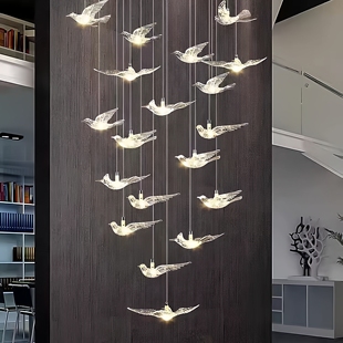楼梯间吊灯别墅复式楼挑空吊灯创意个性小鸟长吊灯定制灯具简约灯