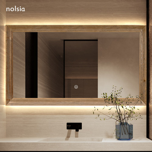 复古风实木镜子卫生间带灯浴室镜