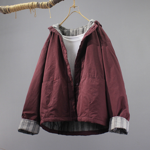 复古休闲加厚棉袄大口袋纯棉连帽夹棉工装棉服外套女宽松大码冬季