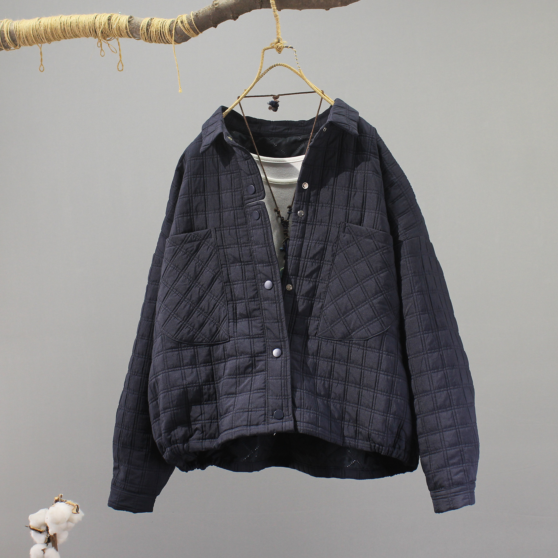 夹棉翻领短款薄棉外套夹克衫女