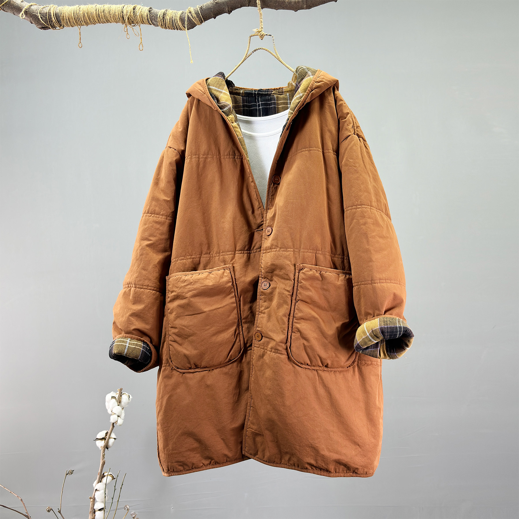 连帽加厚保暖中长款棉服外套女