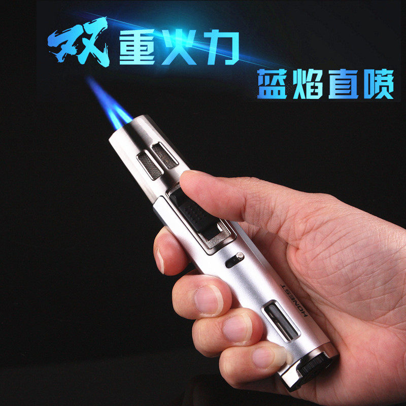 百诚猛禽笔式交叉双直冲防风蓝焰定火雪茄打火机可视气体高温喷枪