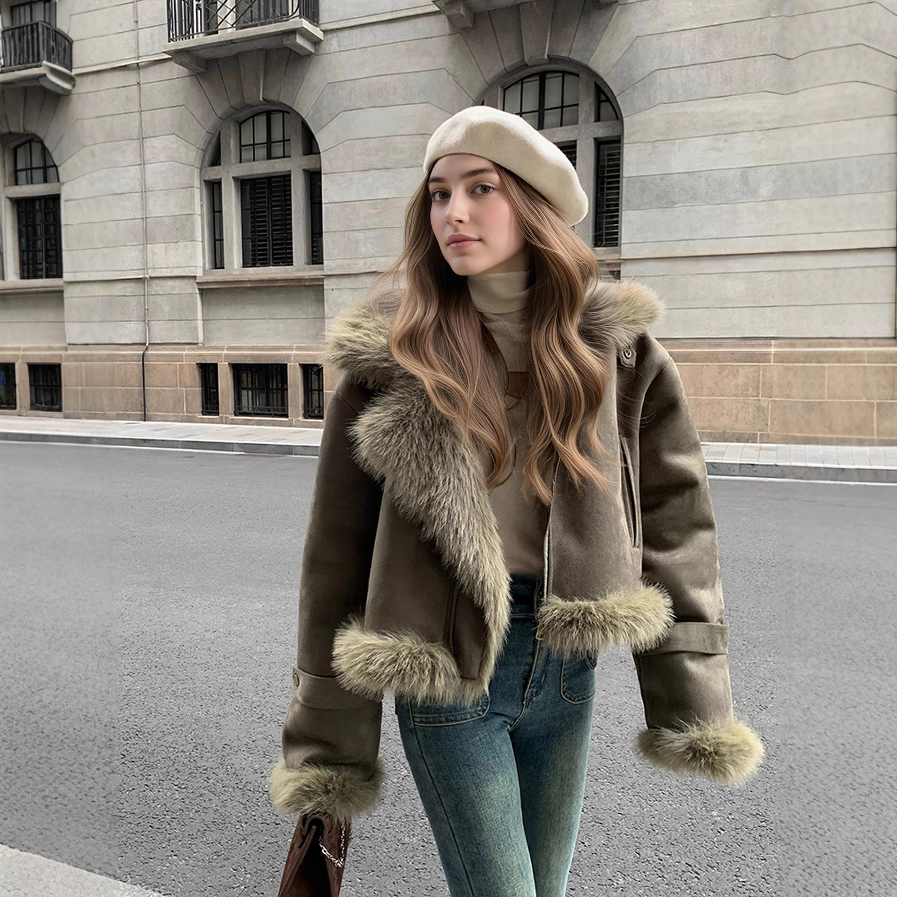 欧美外贸爆款短款皮毛一体外套女新款高级感加厚加绒机车服