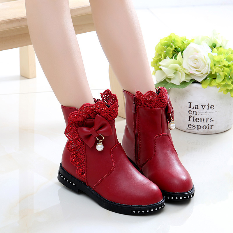 儿童靴女童靴子季shoeskids女孩棉鞋中大童加绒公主皮短靴