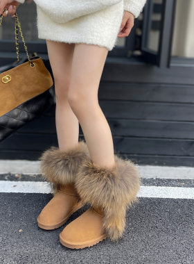 广州狐狸毛雪地靴女士中筒厚底真皮毛毛棉鞋靴子女外贸女鞋拍照