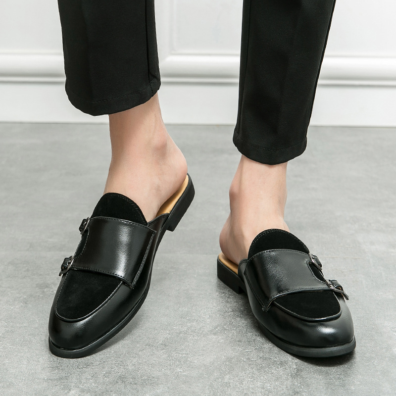 新款男士时尚豆豆鞋懒人凉拖一脚蹬休闲穆勒鞋英伦风包头半拖皮鞋