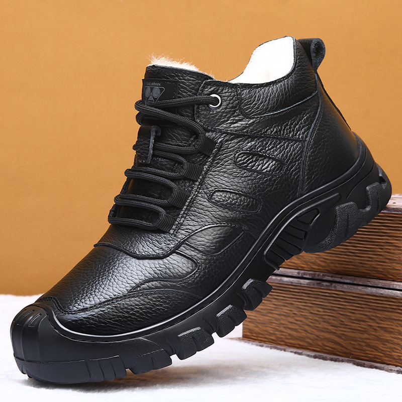 头层牛皮棉鞋男士新款冬季羊毛加厚皮毛一体保暖中老年爸爸鞋8819