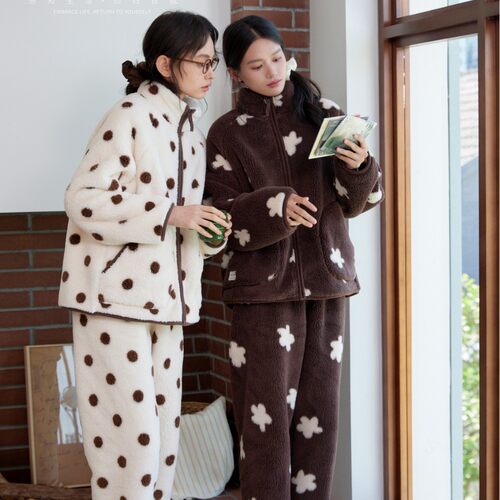 901珂希卡新款印花睡衣女冬季加绒加厚珊瑚绒家居服立领拉链套装